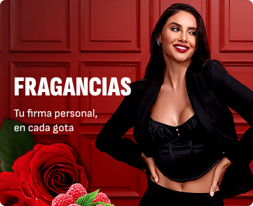 Mujer elegante acompañada de flores y notas aromáticas representando la categoría de fragancias Fuller.