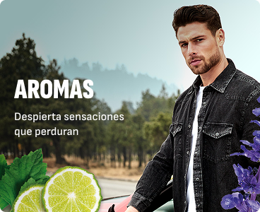 Hombre rodeado de elementos cítricos representando la categoría de aromas y fragancias masculinas Fuller.